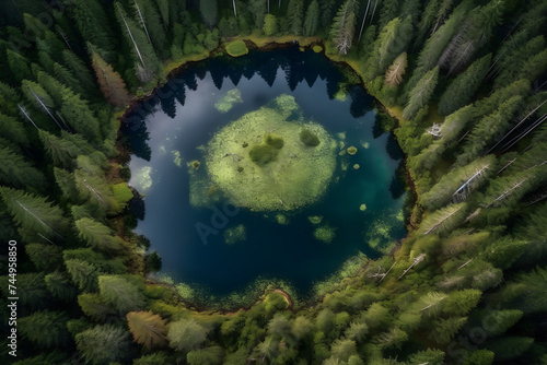 An almost perfect circular lake, shot straight down from the air, is encircled by a pine forest and looks like the earth