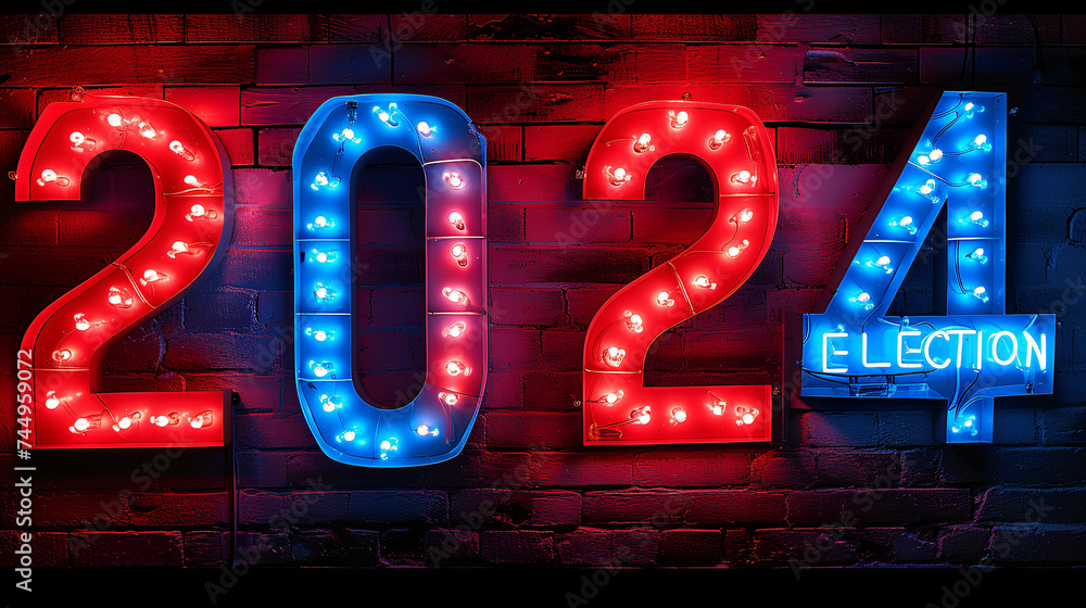 Dramatic neon graphic display reading “2024” - politics - television news - cable news - republican - democrat - bright colors - voting - polls - election coverage  - obrazy, fototapety, plakaty 