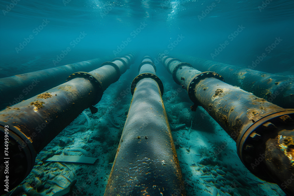 The gas pipeline runs on the seabed. Transport of gas, oil. Concept of economy, oil and gas industry The gas pipeline runs on the seabed. Transport of gas, oil. Concept of economy, oil and gas industry