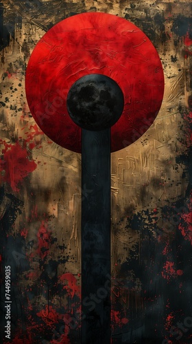 red black object base moon bear samurai rust background jupiter mars abstract symbolism pillar metallic shield holding giant flail phases