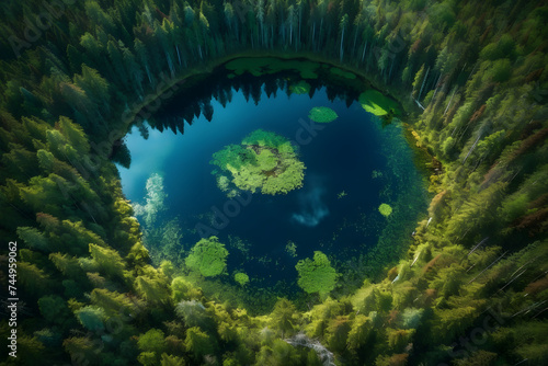 An almost perfect circular lake, shot straight down from the air, is encircled by a pine forest and looks like the earth