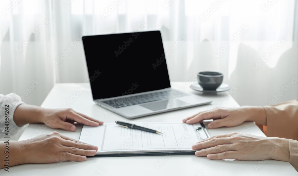 HR Manager talks to job applicants for job interviews about careers and Her personal history in the company. Employment and Recruitment concepts HR Manager talks to job applicants for job interviews about careers and Her personal history in the company. Employment and Recruitment concepts