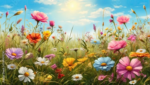 A Highly Detailed Digital Artwork of Flowers in a Sunny Meadow