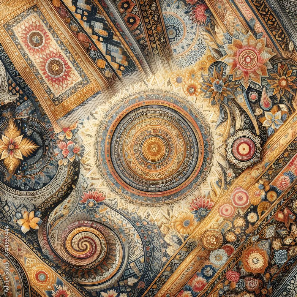 detail of the ceiling of the church of the holy sepulchre. pattern, art, design, ceiling, architecture, decoration, mosaic, tile, old, ornament, church, arabic, flower, Ai generated 