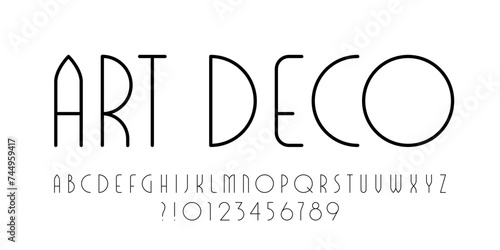 Art Deco alphabet font. Letters and numbers in outline style. Black on white. Stock vector illustration for your design.