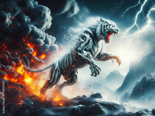 A robotic tiger jumping, sci-fi scene, background is fire, smoke, explosion, lava, black clouds, thunderbolt and lightning, Wall Art for Home Decor © YOAQ