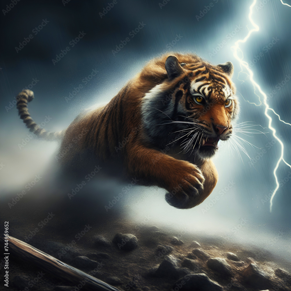 A tiger jumping over creek, background is black clouds and thunderbolt and lightning, Wall Art for Home Decor