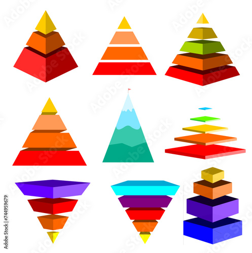 Infographic hierarchical statistical vector of multicolor divided and cut and space for text, Colorful pyramid shape graphic made  layers for presenting business ideas or disparity and statistical