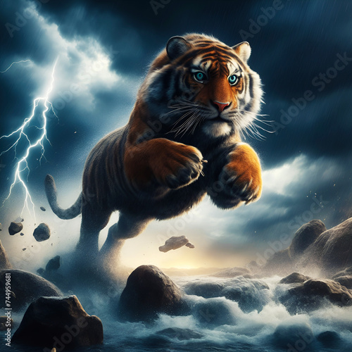 A tiger jumping over creek  background is black clouds and thunderbolt and lightning  Wall Art for Home Decor