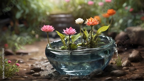 Nelumbo nucifera or water lilly in a pot of water in a garden, Decorative lotus flowers in the water, AI generated photo