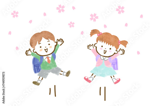 桜吹雪の中、入学式でジャンプする男の子と女の子の手描きイラスト