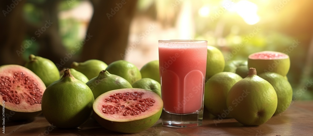 A glass of healthy and healthy fresh guava juice and guava fruit contains lots of vitamin C A glass of healthy and healthy fresh guava juice and guava fruit contains lots of vitamin C