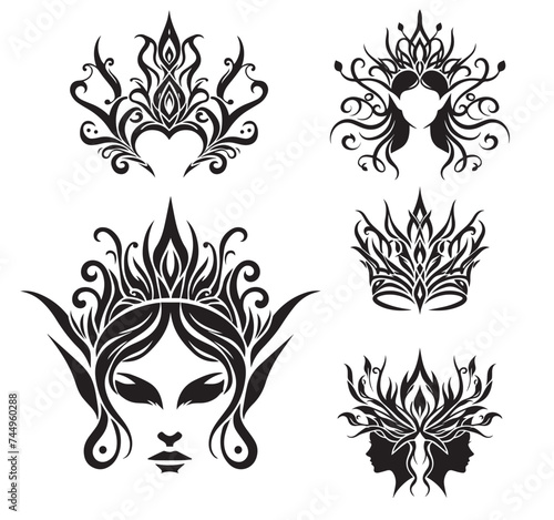 Elegant crowns and design elements in the Elven style, vector illustration