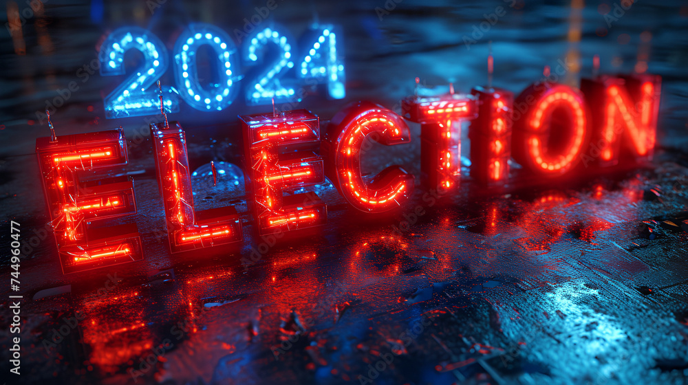Dramatic neon graphic display reading “2024 ELECTION” - politics - television news - cable news - republican - democrat - bright colors - voting - polls - election coverage  - obrazy, fototapety, plakaty 