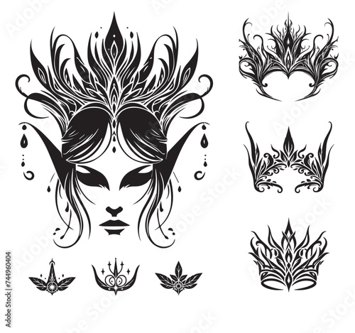 Elegant crowns and design elements in the Elven style, vector illustration