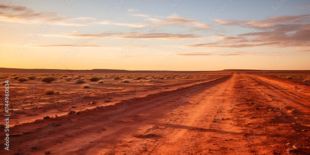 Evening in the Australian Outback, dirt road near Coober Pedy, Australia red sand unpaved road and 4x4 at sunset Francoise Peron Shark Bay