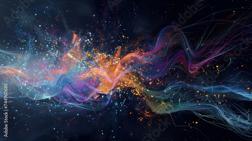An abstract representation of a generative AI's thought process, with colorful neural network nodes connecting and expanding in a dark space photo
