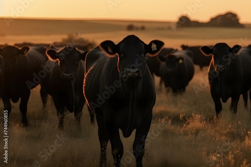 Black Angus cattle on a field of grass under the setting sun © VisualVanguard