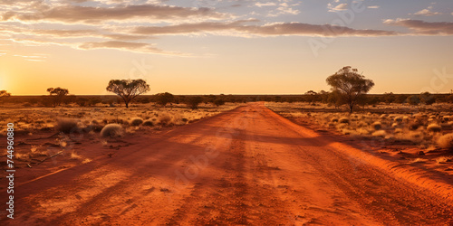 A dirt road in the outback with the sky in the background  The sun was shining brightly in the distance  