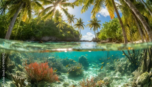 Tropical Lagoon Underwater View With Palm Trees and Coral Reef