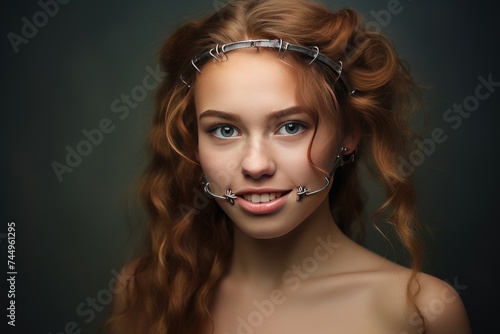 Emotional portrait of a beautiful happy smiling young woman with braces