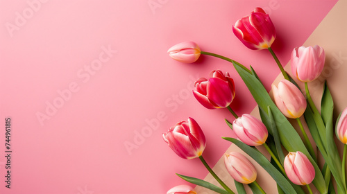 Pink Tulips Arranged on a Pastel Dual-Tone Background © Fathima