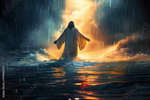 Jesus walks towards the light on the water during a violent storm. See a miracle. The concept of divine power and faith. Illustration for cover, card, postcard, interior design, decor or print.