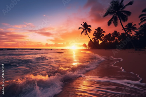 at sunset time on the tropical beach and sea with coconut palm tree