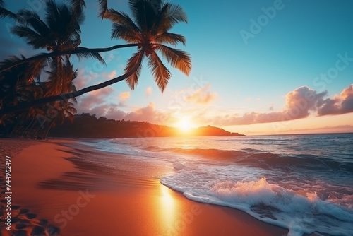 at sunset time on the tropical beach and sea with coconut palm tree