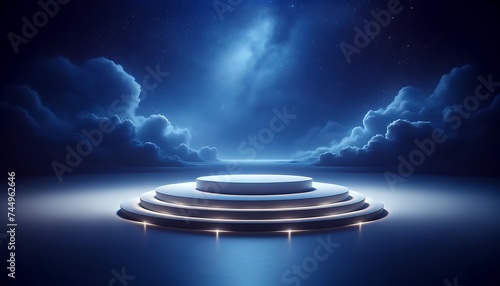 studio with a rounded podium, and minimalist design, under an indigo sky. 3d stage for product display. an abstract platform for product presentation. podium for advertisement. tech products mockup.