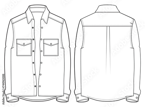 Men's Long sleeve Flannel shirt flat sketch illustration front and back view, double patch pocket long sleeve shirt for casual wear fashion illustration template mock up