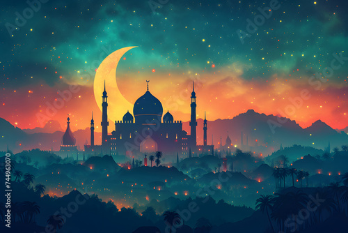 Ramadan mosque with night afterglow sky with crescent, neural network generated image photo