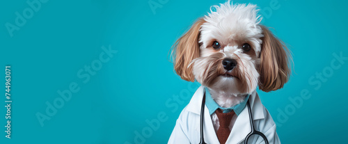 A dog with glasses, a stethoscope and a doctor's suit on a blue background. Pet care and grooming concept. Banner