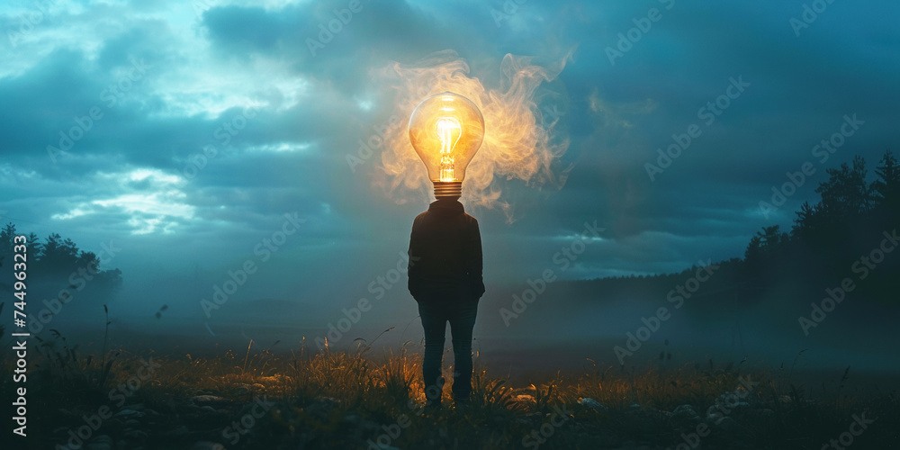 Man with an Illuminated Bulb Head in Misty Field.
Silhouette of a man with an illuminated bulb head in a foggy field.