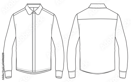 Men's long sleeves slim fit formal shirt flat sketch illustration with front and back view, Woven french placket shirt for formal wear hidden placket shirt cad drawing illustration template mock up photo