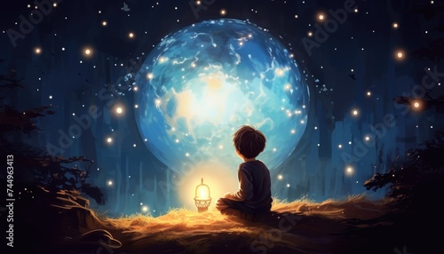 boy pulled the big bulb half buried in the ground against night sky with stars and space photo