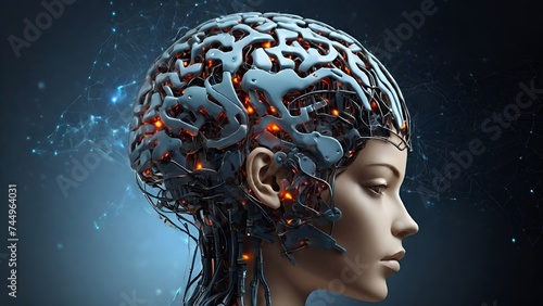 Robot with AI Brain, Brain digital futuristic artificial intelligence face technology background, Decoding the Brain Using AI and Neuroscience, AI-generated