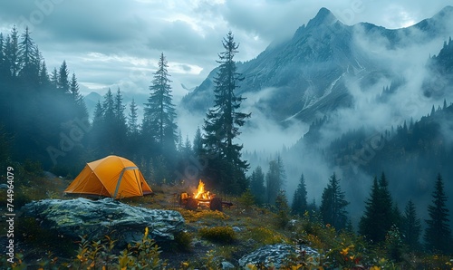 A picturesque camping site in nature with tents and campfire, forest, mountain, generated by AI