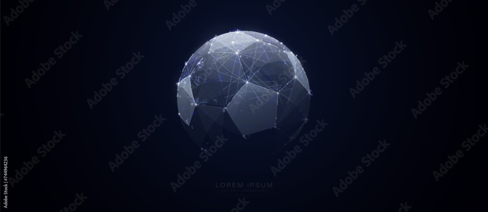 Soccer ball from lines and triangles, point connecting network on blue background. Illustration vector