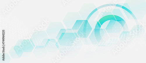 Abstract white and blue hexagon with clean horizontal banner. Healthcare and technology background. Vector illustration © pickup