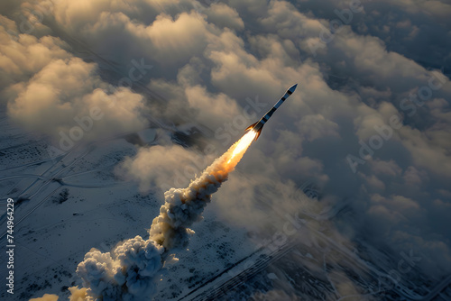 a military missile in flight against the sky. warhead or atomic bomb, chemical weapons, rocket launch.