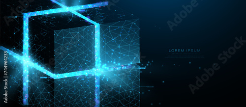 Block chain network connections technology. Cube and box from lines and triangles, point connecting network on blue background. Illustration vector © pickup
