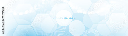 Abstract white and blue hexagon, circle with a clean horizontal banner. Healthcare and technology background. Vector illustration © pickup