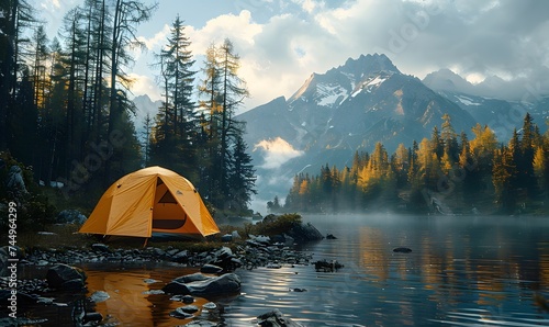 A picturesque camping site in nature with tents and campfire, forest, lake, mountain, generated by AI