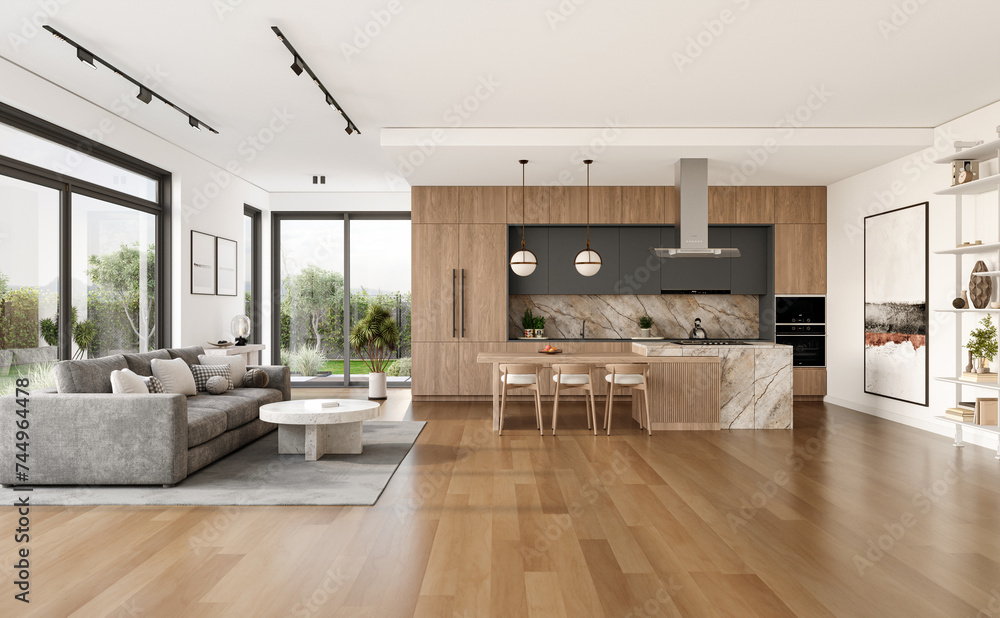 Tableau sur toile Open space living room and kitchen interior with large windows, gray sofa, dining table and hardwood flooring