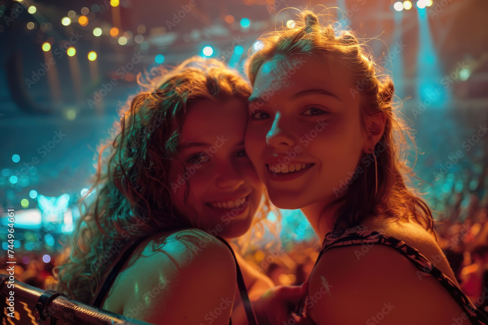two young women take selfie at a concert in a giant indoor arena