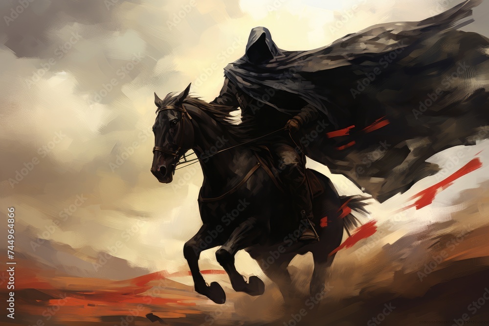cloaked man rinding a black horse waving a flag with some kind of symbol, digital art style cloaked man rinding a black horse waving a flag with some kind of symbol, digital art style