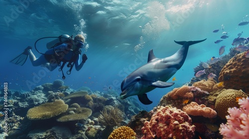 A scuba diver explores a vibrant coral reef and encounters a friendly dolphin in the clear blue underwater world. © doraclub