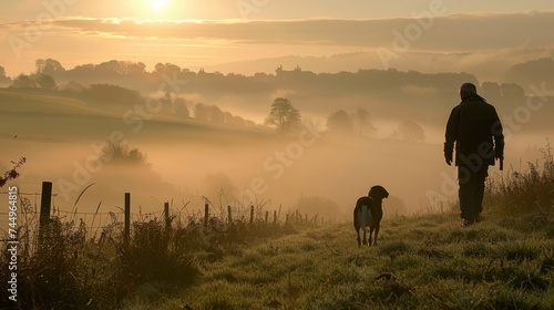 In the quiet of dawn  a man and his dog walk through the misty fields of the countryside under a soft  golden sunrise.