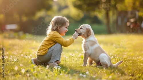 A joyful young child and a playful golden retriever puppy share a moment of happiness and exploration in a sun-drenched field. © doraclub